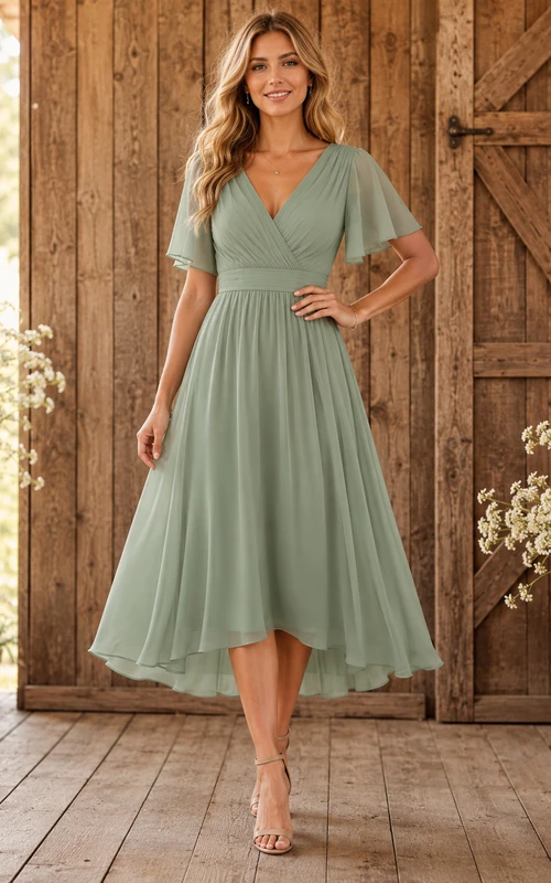 Sage Flutter Sleeve Chiffon Country Bridesmaid Midi Dress