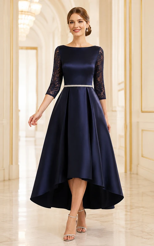 Robe de demoiselle d'honneur vintage bleu marine foncé à manches trois-quarts et dentelle illusion, style cour