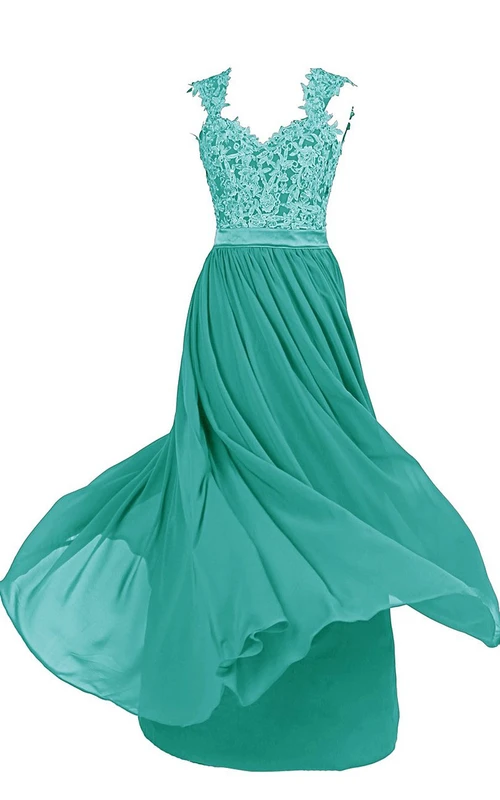 Cap-sleeve Ruffle Dress WithLace Bodice and Belt