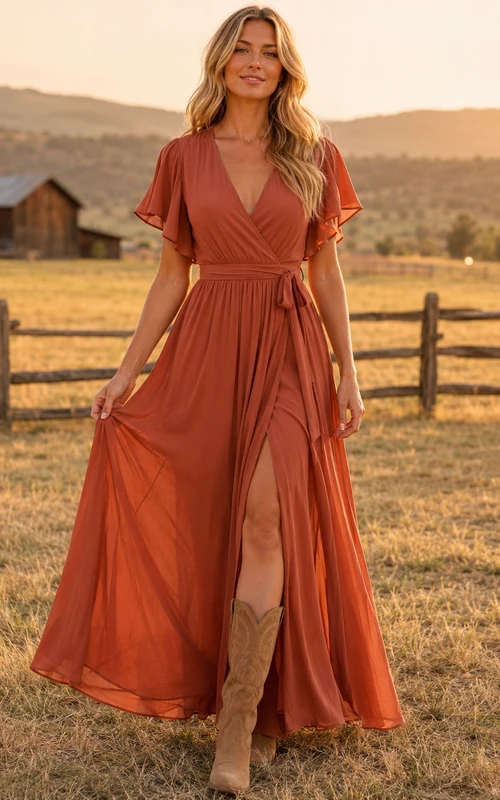 Terracotta V-neck flutter sleeve ranch wedding guest maxi dress