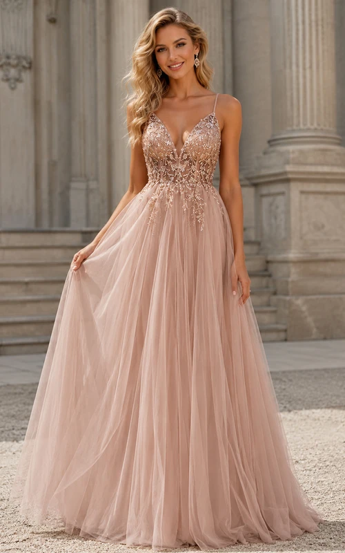 Casual Spaghetti Empire Tulle Pleated Prom Dress with Beaded Top