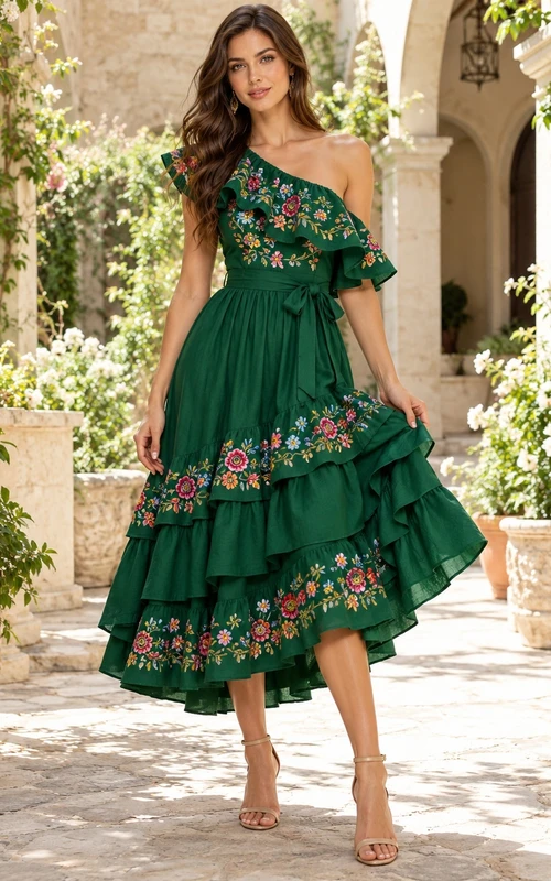 High-low One Shoulder Green Floral Embroidered Ruffled Cumbia Dress