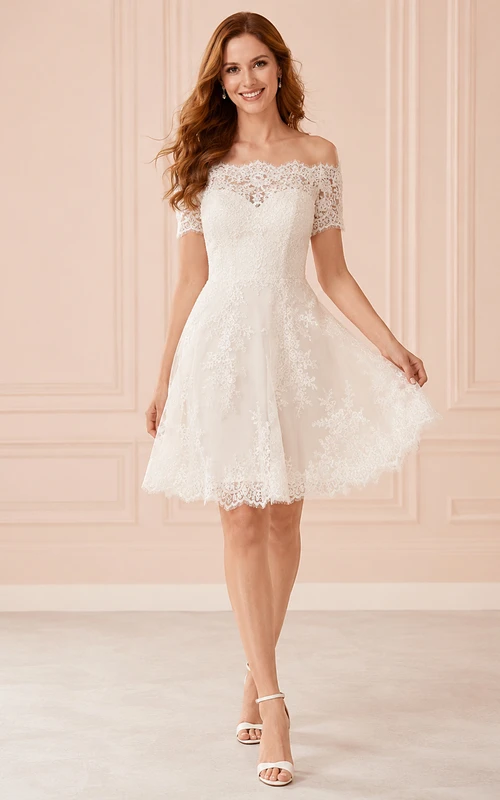 Civil Off Shoulder Lace A-Line Short Reception Wedding Dress