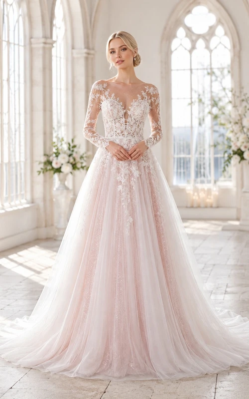 Romantisches Brautkleid in zartem Rosa mit U-Boot-Ausschnitt, langen Ärmeln, floraler Spitze und A-Linien-Schnitt