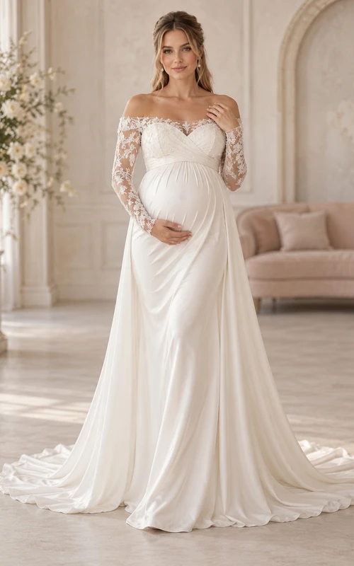 Maternity Long Sleeve Off Shoulder Lace Chiffon Bridal Wedding Dress
