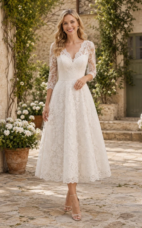 Vestido de novia bohemio de largo midi con escote en V y mangas tres cuartos de encaje, estilo campestre romántico.