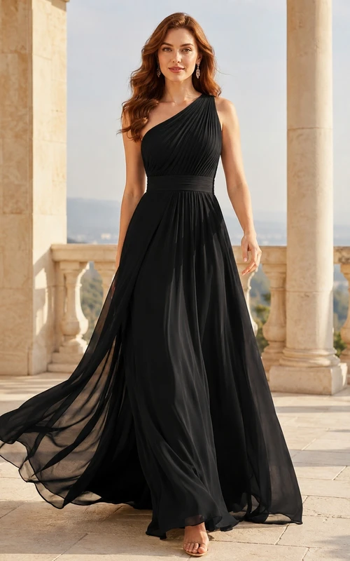 Black One-Shoulder Sleeveless Chiffon A-line Floor-length Sexy Modern Formal Gown