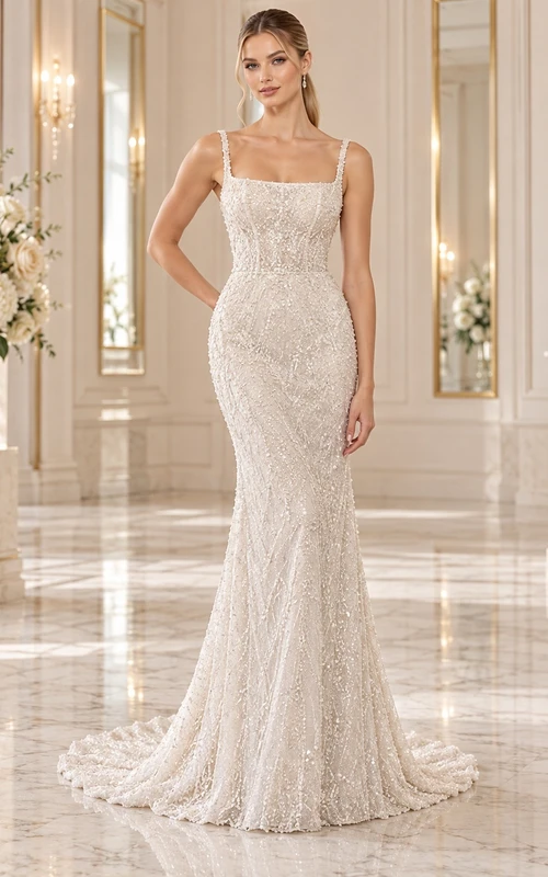 Simple Square Neck Straps Fine Lace Fitted Sheath Wedding Dress