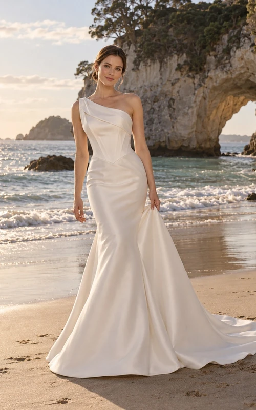 Schlichtes, einseitig schulterfreies Brautkleid aus Satin im Meerjungfrauenstil mit seitlicher Drapierung und Schleppe