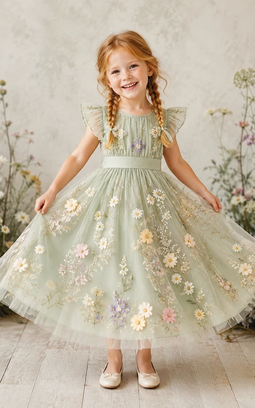 Kleid in Salbeigrün mit gepressten Blüten, flatternden Ärmeln, mehrfarbigem Tüll mit botanischen Motiven, A-Linien-Rock und Teelänge
