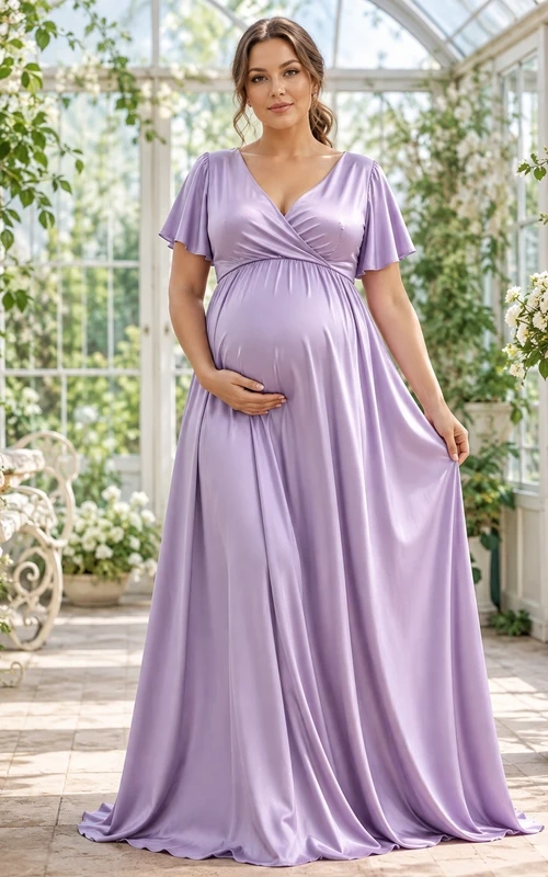 Lila Umstands-Maxikleid mit flatternden Ärmeln und Empire-Taille