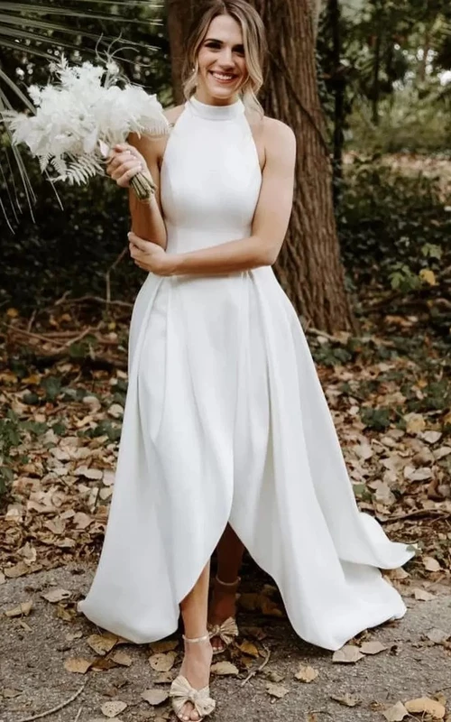 Vestido de novia bohemio sin mangas, con escote halter, cuello alto y corte en A.