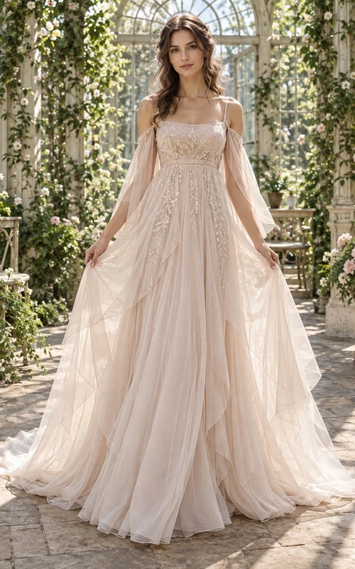 Robe de mariée bohème en tulle à bretelles spaghetti, col carré et manches cape drapées
