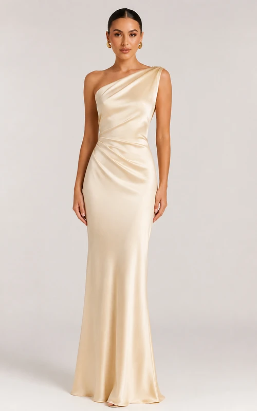 Satin Evening Dress in Ivory, One-Shoulder Sheath Floor-Length Gown with Ruching