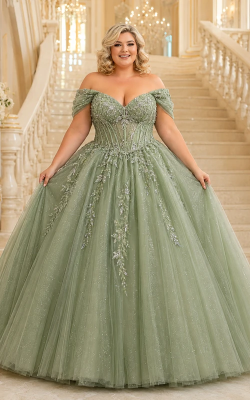 Vestido de fiesta formal de princesa con corsé de encaje y hombros descubiertos, talla grande, color salvia.
