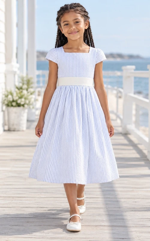 Modest Square Neck Blue White Striped Tea-length Cap Sleeve Broad Sash Flower Girl Dress