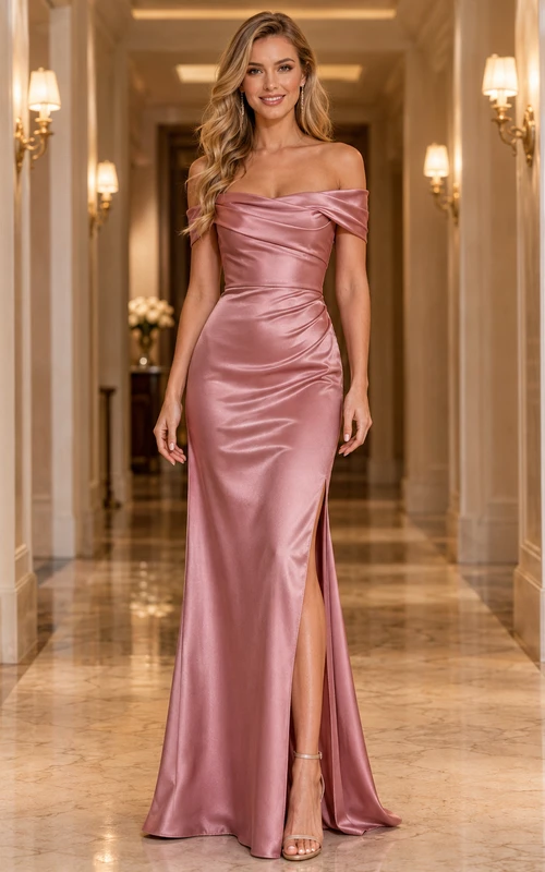 Red Carpet Evening Dusty Rose Elegant Modern Sexy Sheath Satin Bridesmaid Dress with Off Shoulder Sweetheart Sleeveless Floor-Length Slit Skirt Ruching Low Back