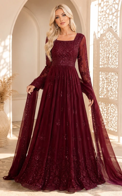 Burgundy Bohemian High-Neck Velvet-Lace Long-Sleeve A-Line Floor-Length Dress