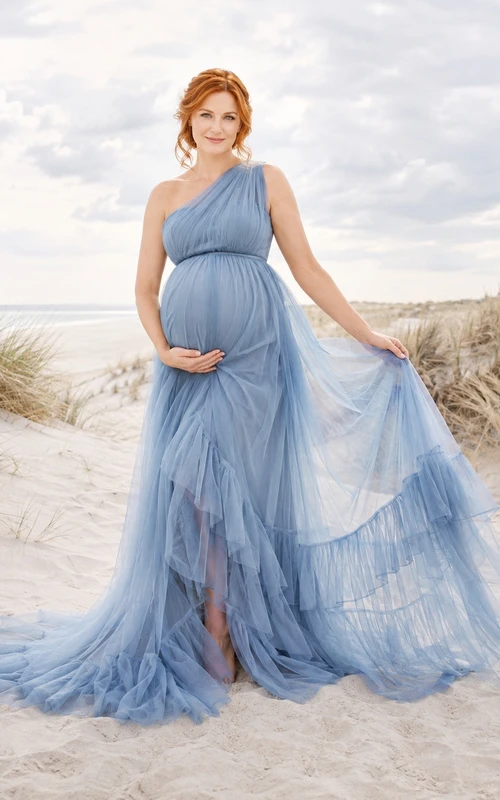 Pool Maternity Chiffon Tulle One-shoulder Empire A-Line Sweep Train Boho Gown