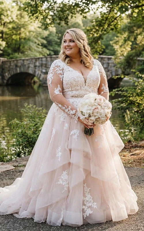 Robe de mariée romantique en dentelle à manches longues et coupe trapèze