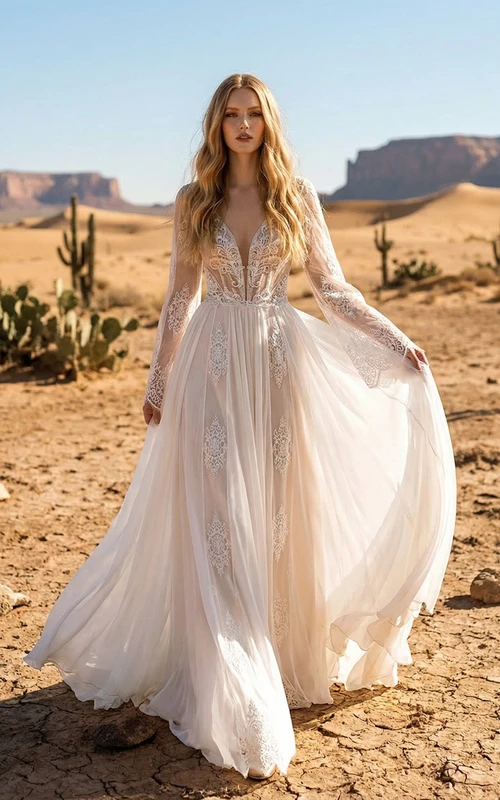 Boho-Hochzeitskleid mit langen Ärmeln, tiefem V-Ausschnitt, Spitze und Chiffon