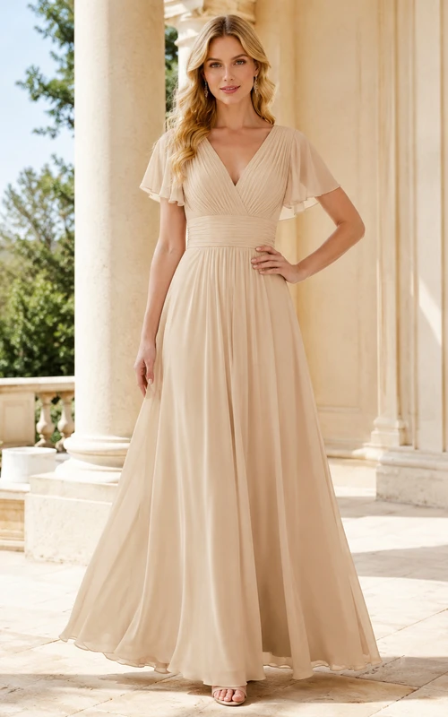 Vestido de noche formal de dama de honor, largo hasta el suelo, de gasa plisada, con escote en V y mangas acampanadas, color champán fluido.