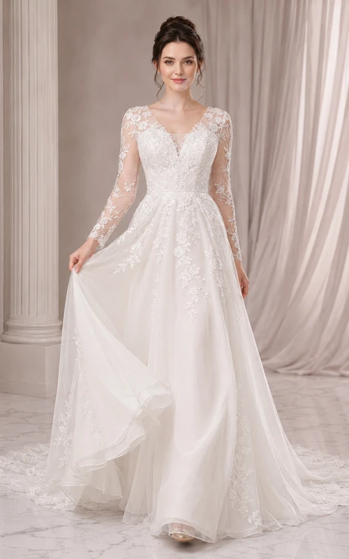 Langärmeliges A-Linien-Hochzeitskleid aus Spitze mit V-Ausschnitt und Spitze, aus dem Studio