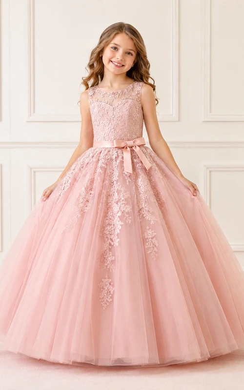 Pink Ball Gown Jewel Neck Applique Floor-Length Flowergirl Pageant Dress