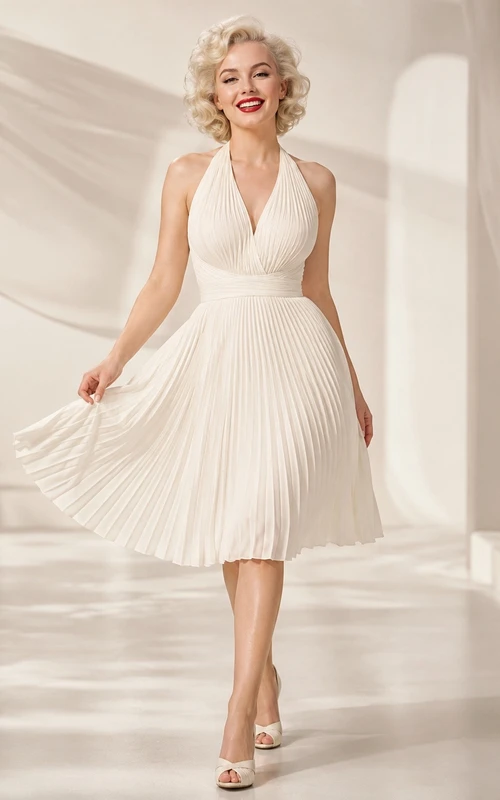 Robe de cocktail vintage ivoire plissée, longueur thé, dos nu et coupe trapèze