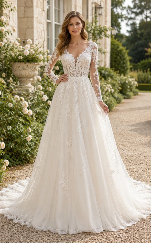 Brautkleid aus Spitze und Tüll, A-Linie, V-Ausschnitt, ärmellos, Kapellenschleppe