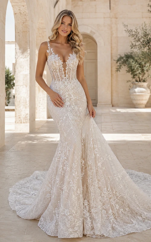 Robe de mariée sirène sans manches en dentelle majestueuse, décolleté en V profond, traîne chapelle et applications florales. Galerie Bridal.