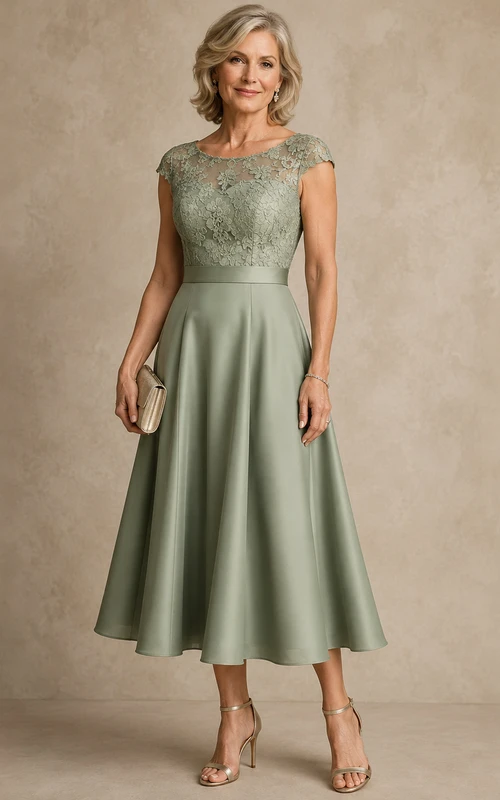 Vestido de satén de manga corta con escote barco y corte en A hasta la rodilla, ideal para madres, con encaje.