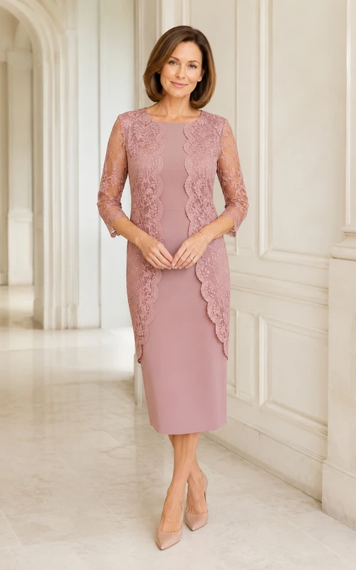 Robe de mariée en satin stretch rose poudré avec dentelle, coupe fourreau, manches 3/4, encolure bateau, longueur genou