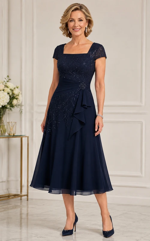 Robe mère bleu marine foncé à encolure carrée et longueur midi