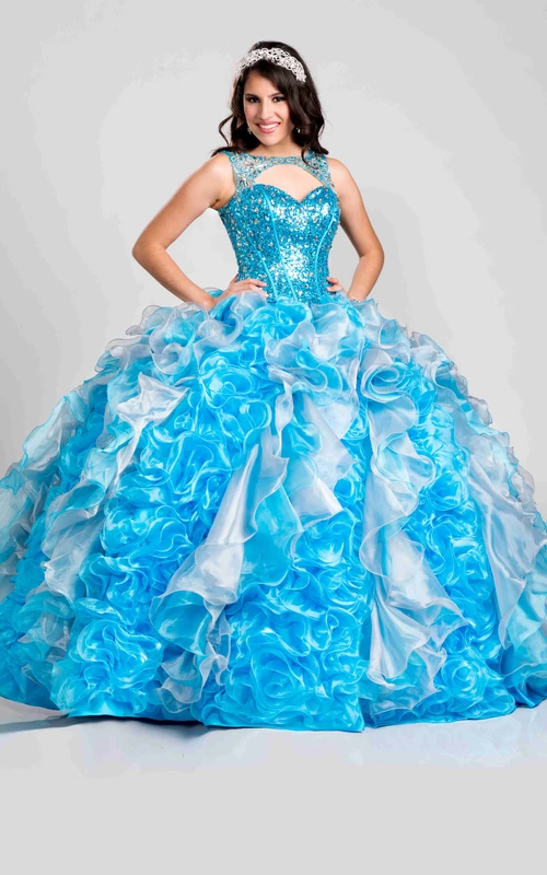 Ballkleid mit Schlüssellochausschnitt am Rücken, Paillettenoberteil und kaskadenartigen Rüschen