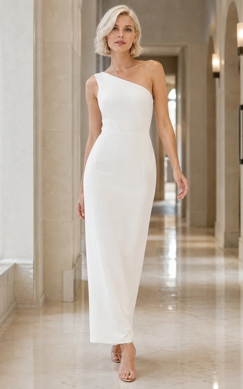 Simple White One-Shoulder Sheath Ankle-Length Modern Formal Dress