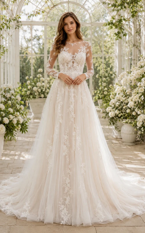 Lace Tulle Wedding Dress A-Line V-Neck Long Sleeve Sweep Train Bridal Gown