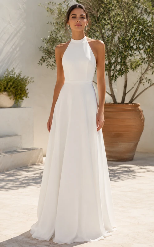 Vestido de novia de gasa con escote halter, corte en A, cuello alto y cola abierta.