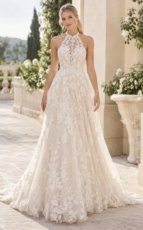 Robe de mariée champagne dos nu col montant longue traîne en dentelle florale