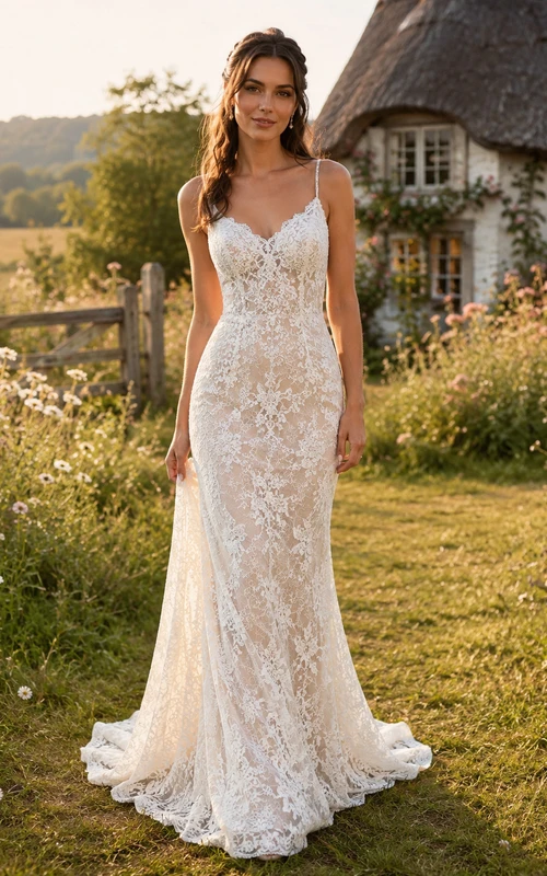 Spaghettiträger-Etuikleid aus floraler Spitze für eine romantische Hochzeit im Landhausstil