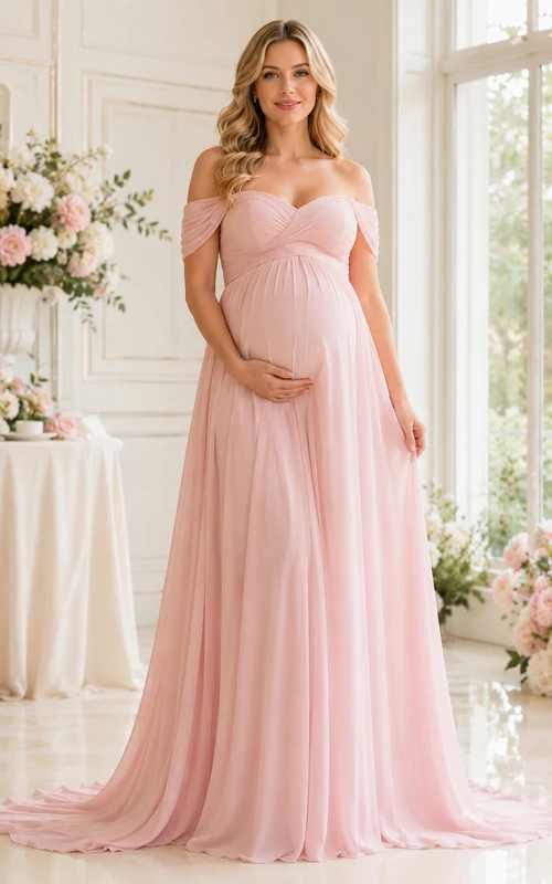 Vestido formal largo hasta el suelo de gasa de lujo color rosa rubor para embarazadas, con escote corazón y hombros descubiertos, estilo imperio.