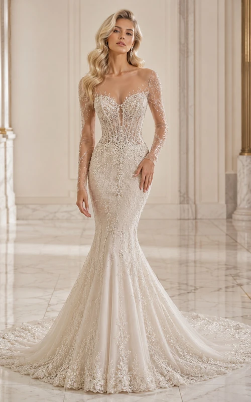 Robe de mariée sirène en dentelle perlée à manches longues illusion et décolleté en cœur