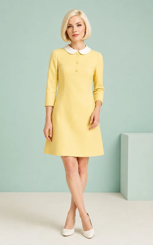 Yellow Jewel Neck Three Quarter Sleeve Short A-Line Dress
