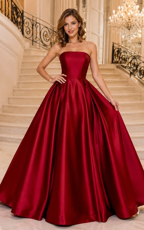Satin Strapless Sweetheart Burgundy Ball Gown Evening Dress