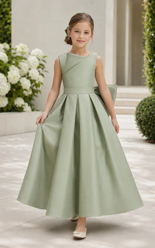 Robe de demoiselle d'honneur sans manches en satin sauge, coupe trapèze, encolure bijou et jupe mi-longue ornée d'un nœud.