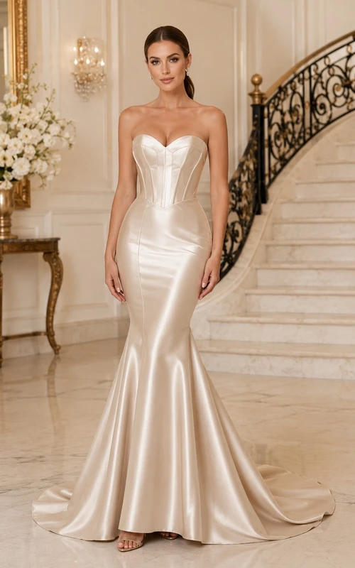 Weißes Abendkleid im Meerjungfrauenstil aus Satin mit Herzausschnitt und Kapellenschleppe, elegantes formelles Kleid