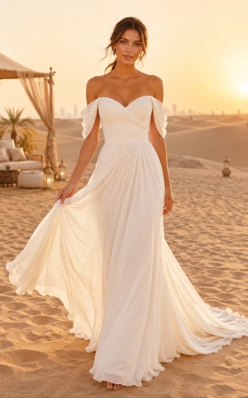 Robe de mariée romantique en mousseline, coupe trapèze, épaules dénudées et décolleté cœur, idéale pour une destination de plage