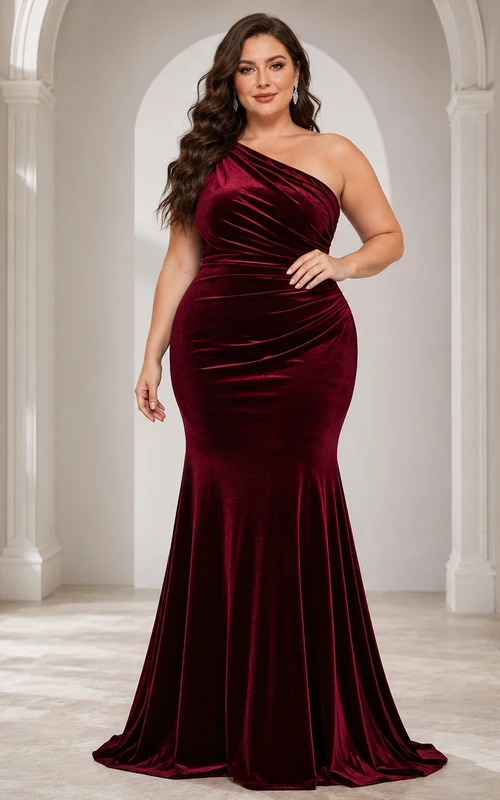 Vestido de noche formal de terciopelo burdeos con un solo hombro, corte sirena, talla grande
