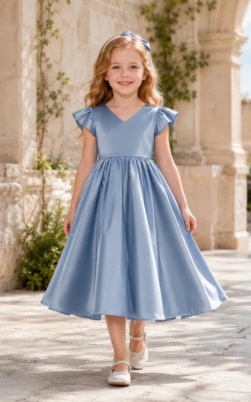 Schlichtes A-Linien-Kleid aus Satin mit Schleife, Rundhalsausschnitt, wadenlangem Rock und Schleifendetail.