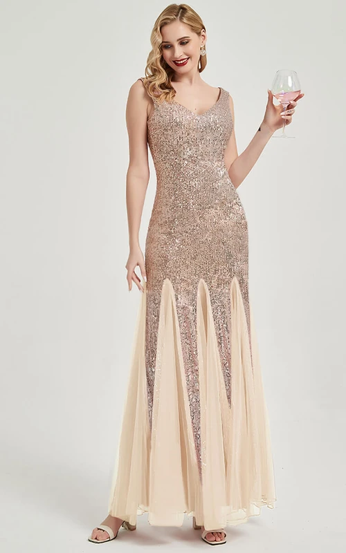 Vestido de fiesta largo hasta el suelo, plisado, sin mangas y con lentejuelas